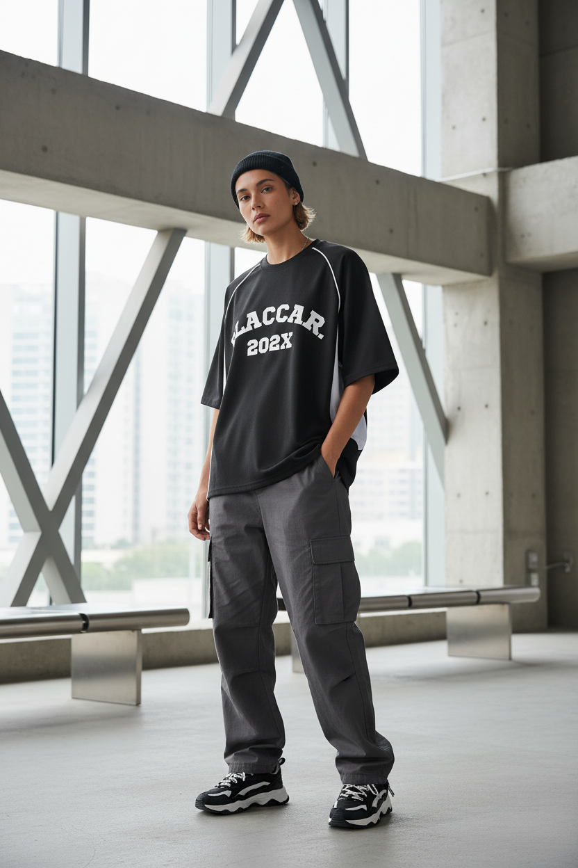 Contrast Piping Panel Raglan T-Shirt - Model Shot