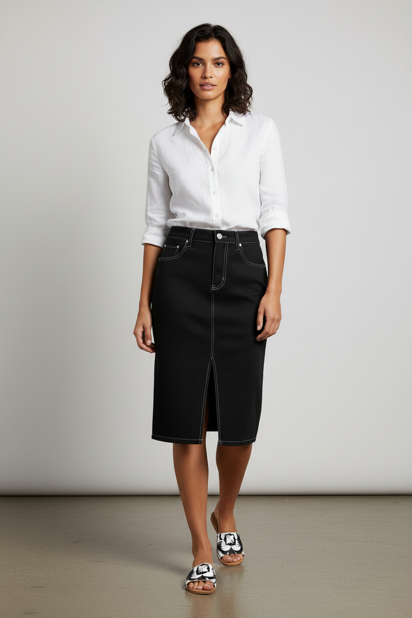Leather Sliders x Denim Midi Skirt