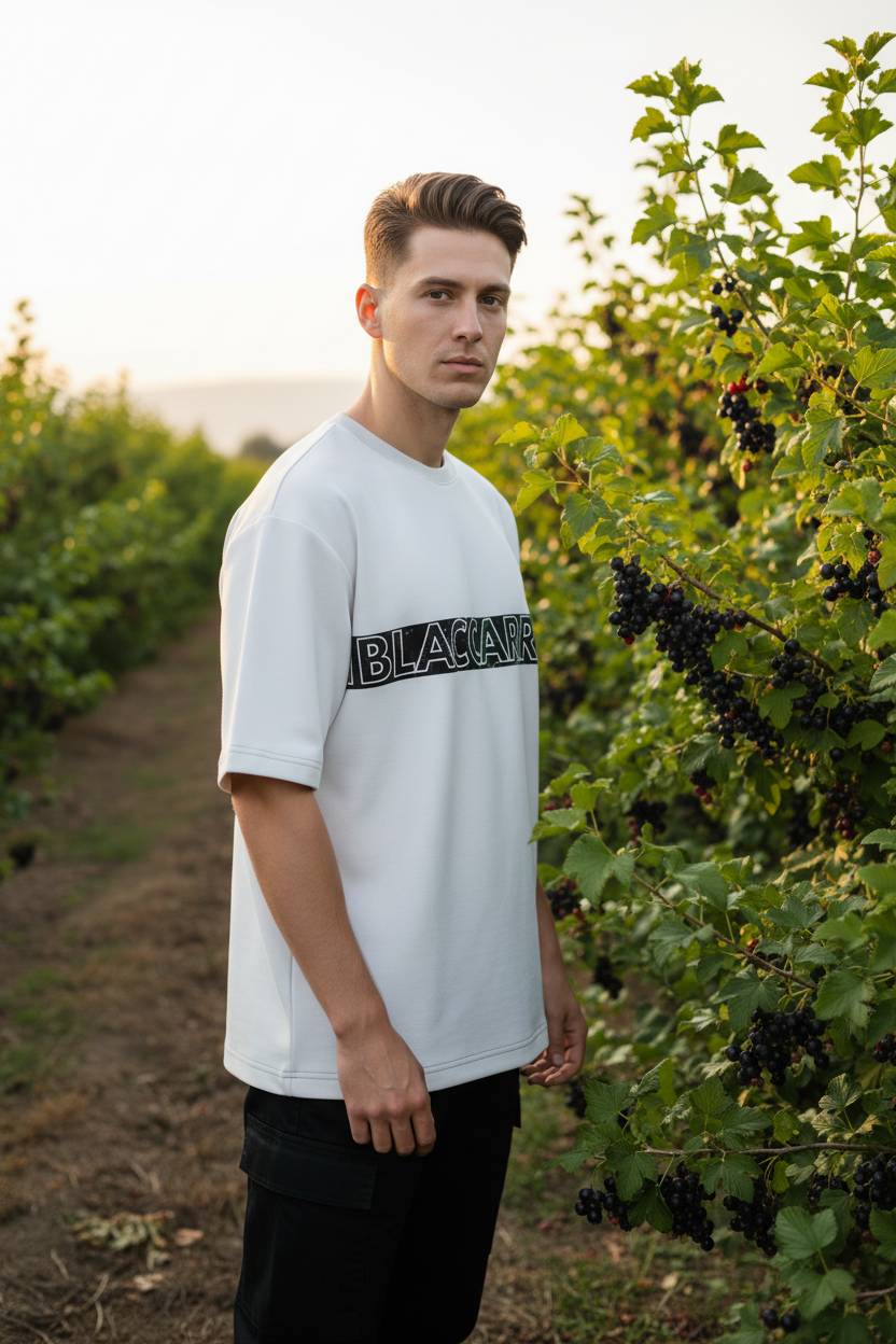 Mens Oversized Ponte Hoop T-Shirt at a blackcurrant farm
