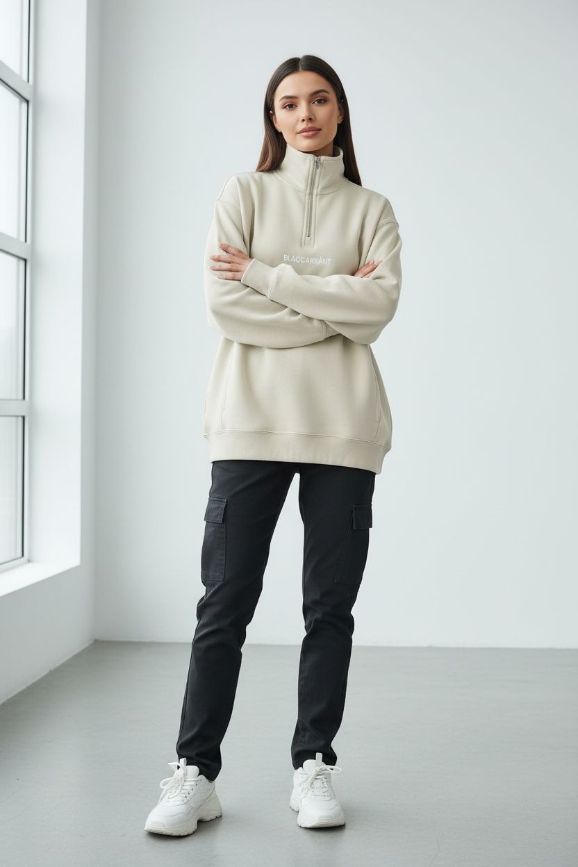 Quarter-Zip Drop Shoulder Sweatshirt - Revised Female Mockup