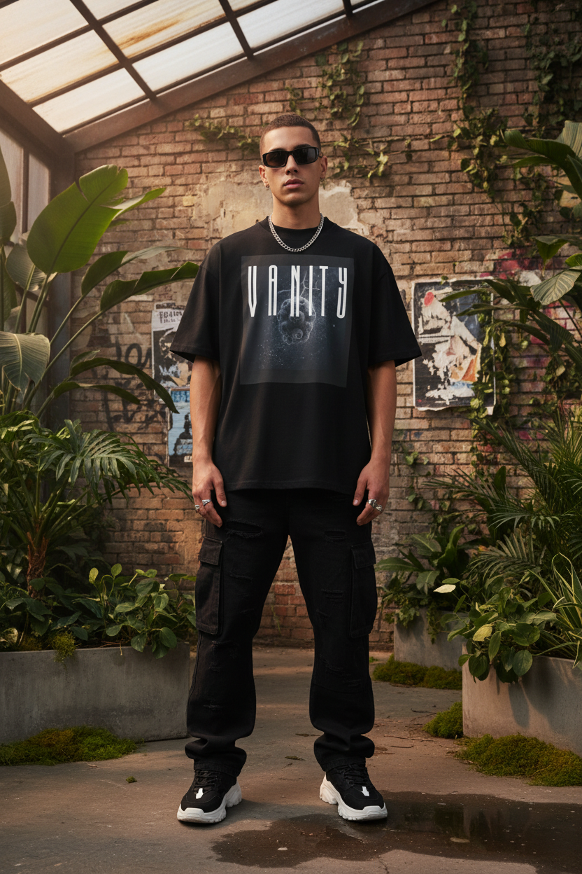 Unisex Organic Oversized High Neck T-Shirt – Model Shot