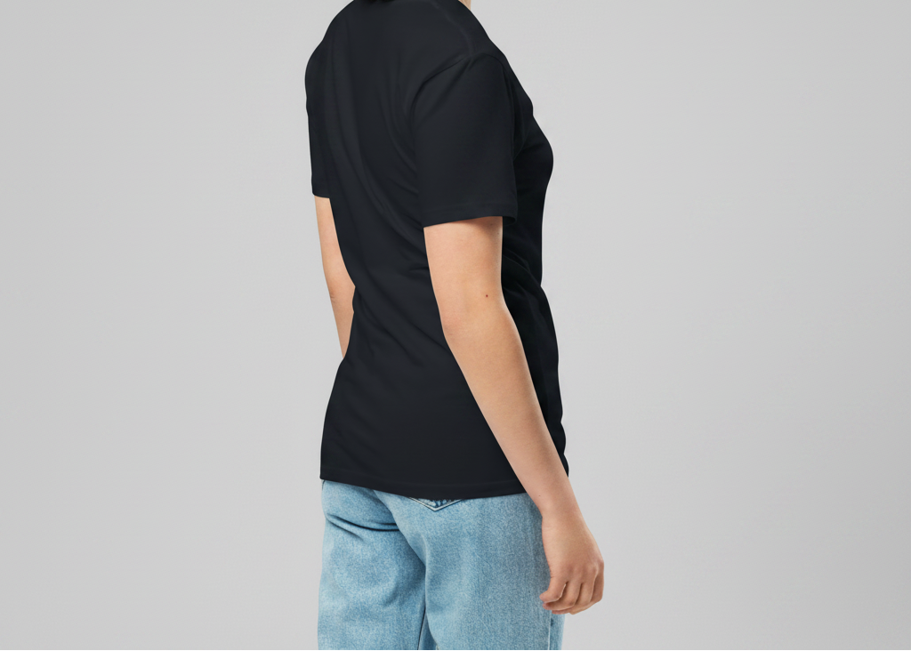 Person wearing a black t-shirt and light blue jeans on a white background